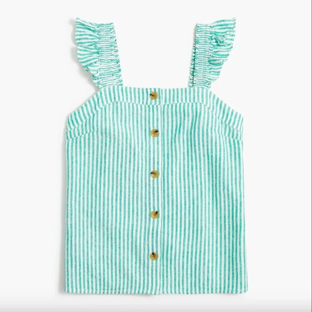 J. Crew Green Stripe Linen-blend button-front tank top with ruffle straps M